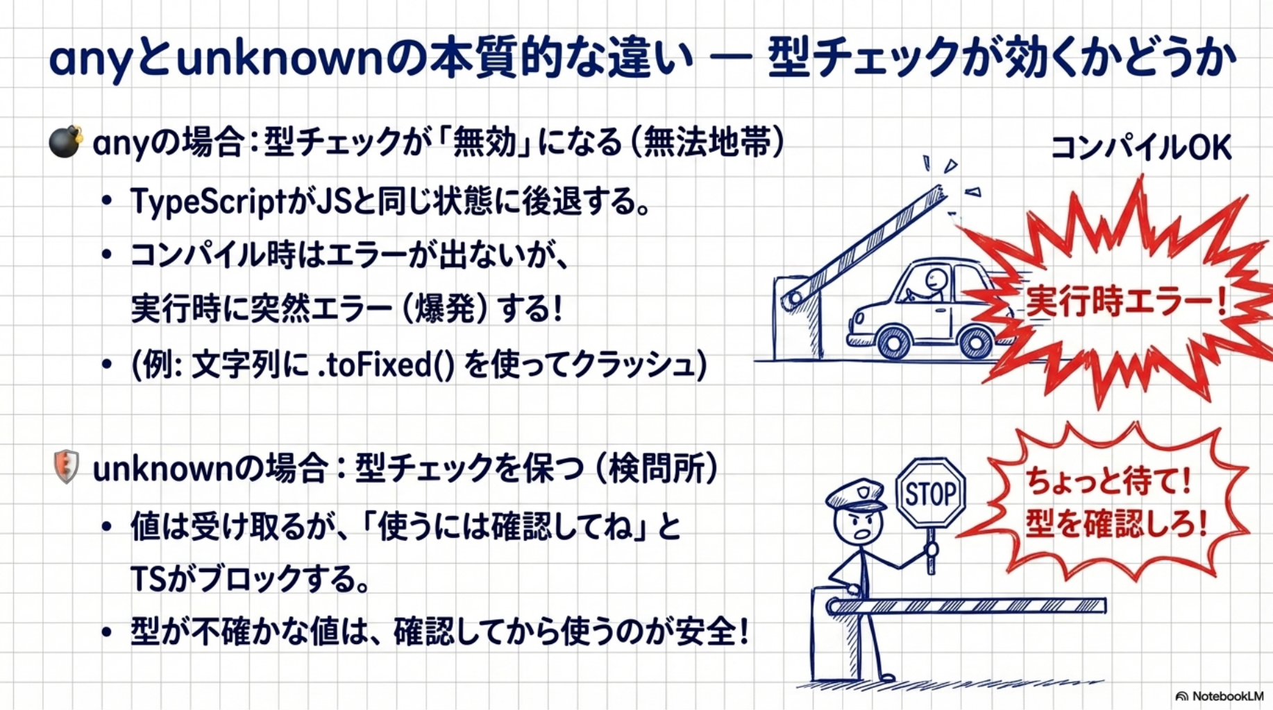 anyとunknownの本質的な違い — 型チェックが効くかどうか