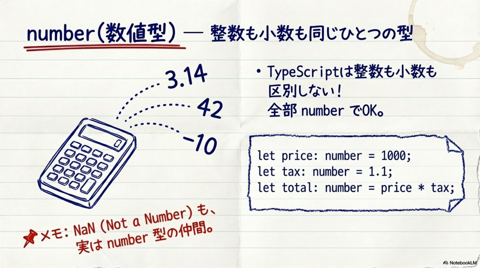 number（数値型）— 整数も小数も同じひとつの型